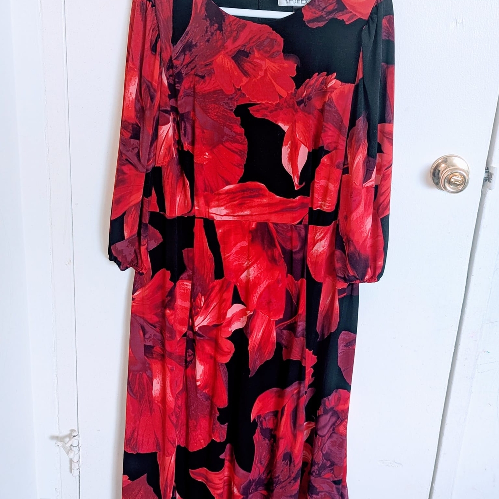 Kasper Red Floral A-Line Midi Dress Long Sleeve Black Accents Size [1x]